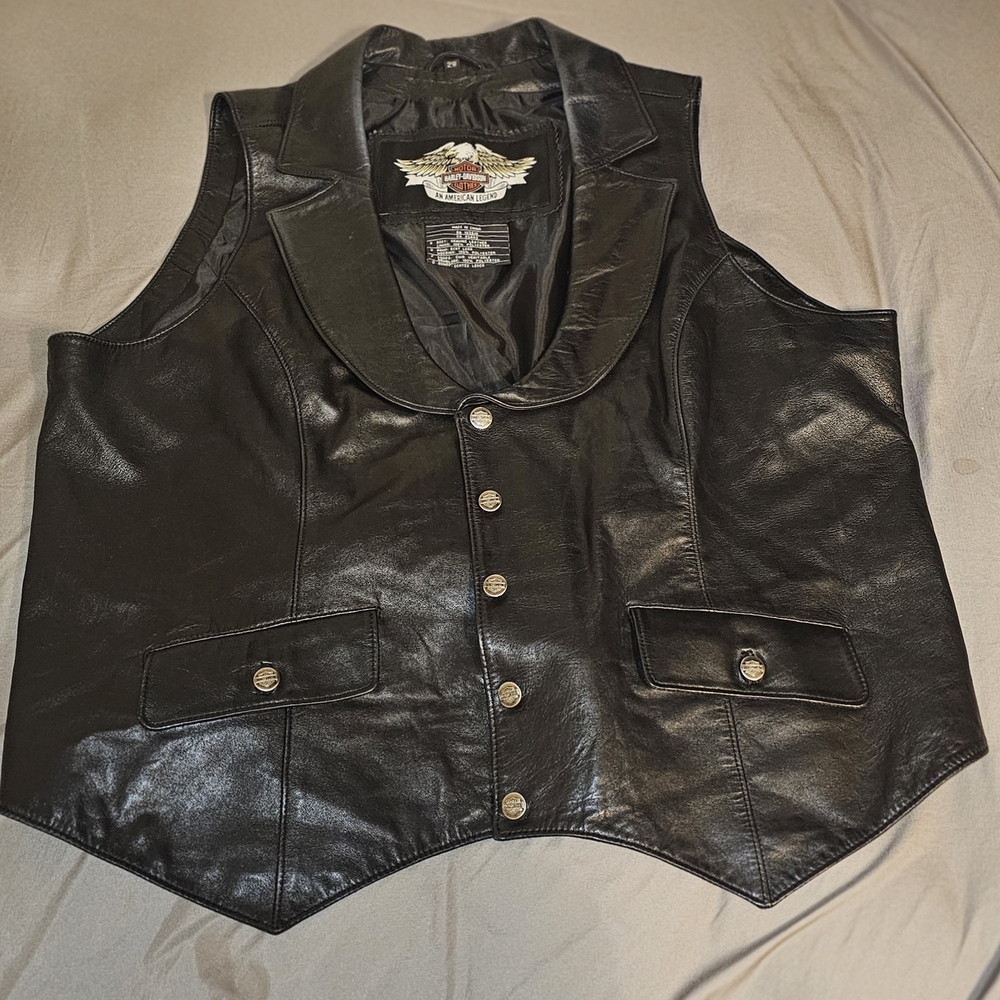 Harley-Davidson Rhinestone Logo Leather Vest Women’s Size 2W Black Biker Western - Picture 3 of 8